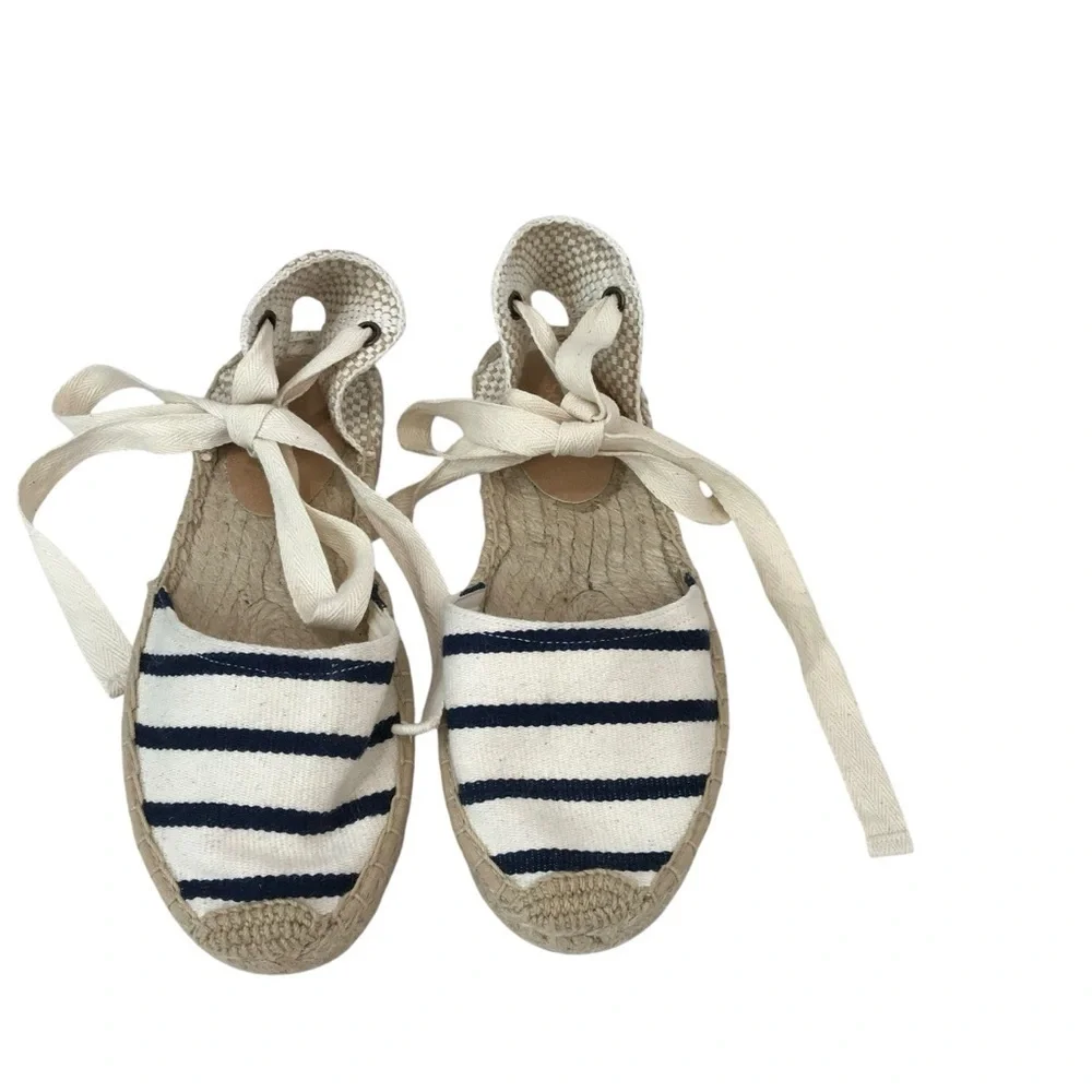 Soludos Women’s Blue Navy/White Espadrille Sandals Lace Up Ankle US Size 6.5